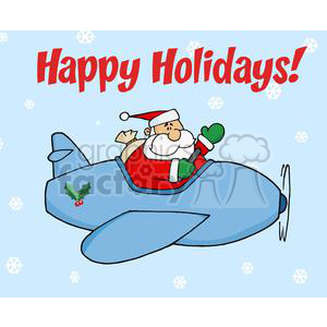 300x300 Royalty Free Santa Clause In A Blue Airplane With A Happy Holidays