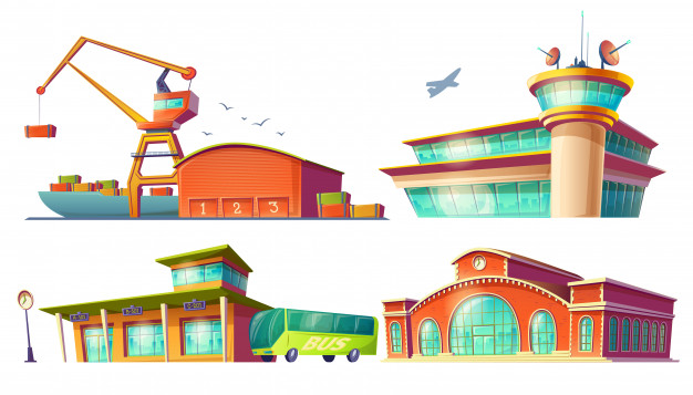 626x357 Cartoon Icons Of Bus Station, Airport, Sea Port Vector Free Download