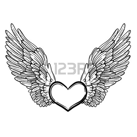450x450 Line Art Illustration Of Angel Wings And Heart And Bird Raven