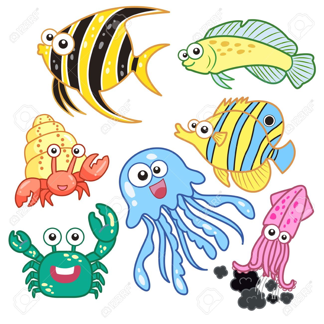 1300x1300 Cartoon Sea Animals Set With White Background Royalty Free