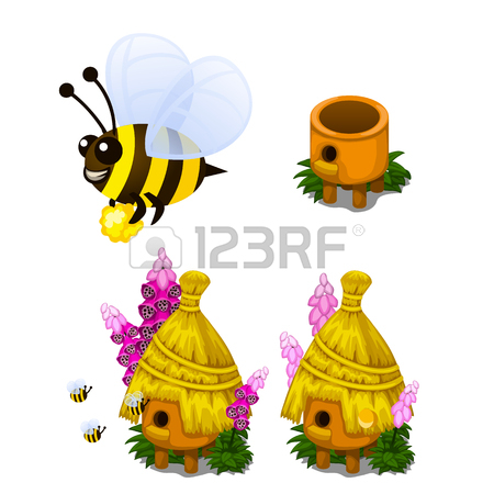 450x450 Bee Carrying Honey And Bee Hive In Cartoon Style Royalty Free