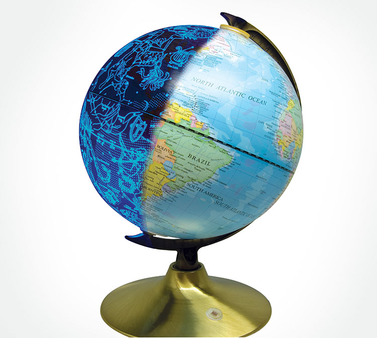 750x673 This Globe Shows Earth During The Day And Constellations At Night