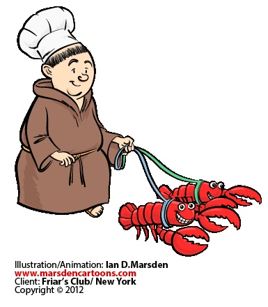385x440 Happy Monk With Chef's Hat Walking With Lobsters