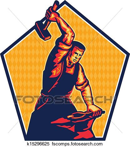 416x470 Clipart Of Blacksmith Worker Striking Sledgehammer Anvil Retro