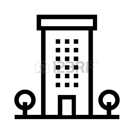 450x450 Apartment Building Line Vector Icon With Trees. Flat Sign