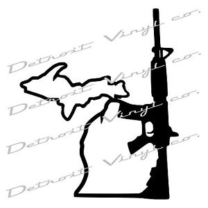 300x300 Michigan Holding Gun Ar 15 With Up, Michigan Mitten Decal Sticker