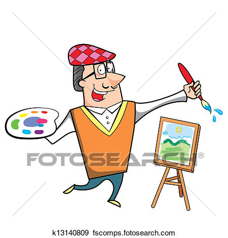 450x470 Clip Art Of Cartoon Artist With Paintbrush And Canvas Easel