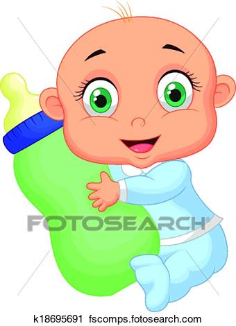 340x470 Clipart Of Baby Boy Cartoon Holding Milk Bottl K18695691
