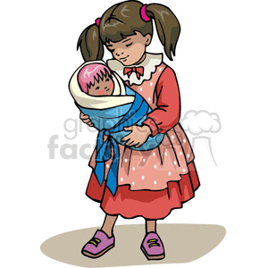 300x300 Royalty Free Cartoon Girl Holding A Baby Doll 382519 Vector Clip
