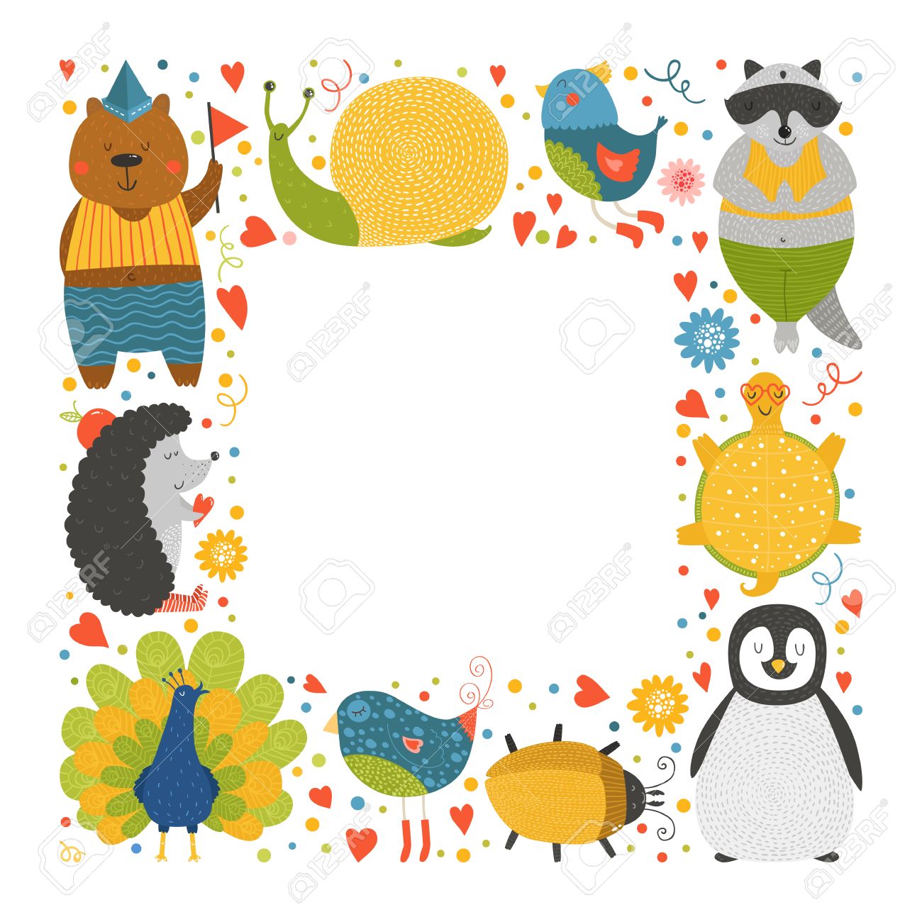 1300x1300 Cute Animal Frame With Baby Animals Bear, Bird, Peacock, Raccoon
