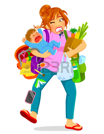 350x450 Stressed Woman Carrying A Crying Baby And A Lot Of Luggage Royalty
