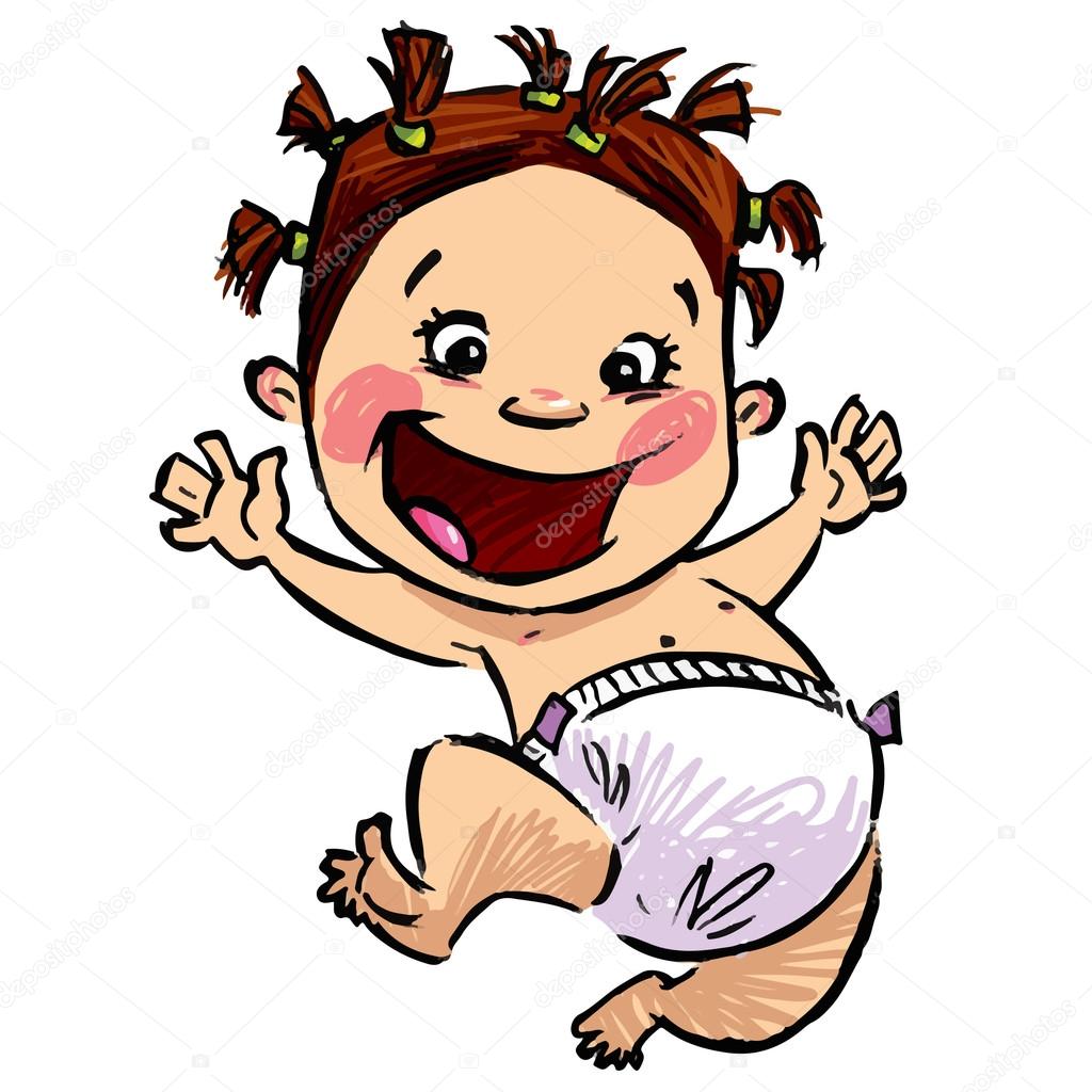 1024x1024 Cartoon Baby Girl With Diapers And Funny Hair Jumping High Stock