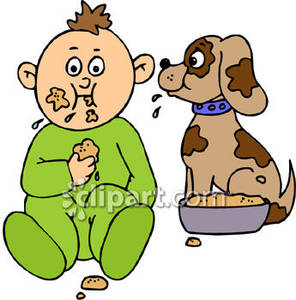 296x300 Toddler Eating Dog Food With A Puppy Royalty Free Clipart Picture