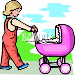 300x297 Little Girl Pushing A Toy Baby Doll Stroller
