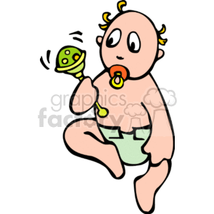 300x300 Royalty Free Cartoon Baby In Diaper Shaking Rattle