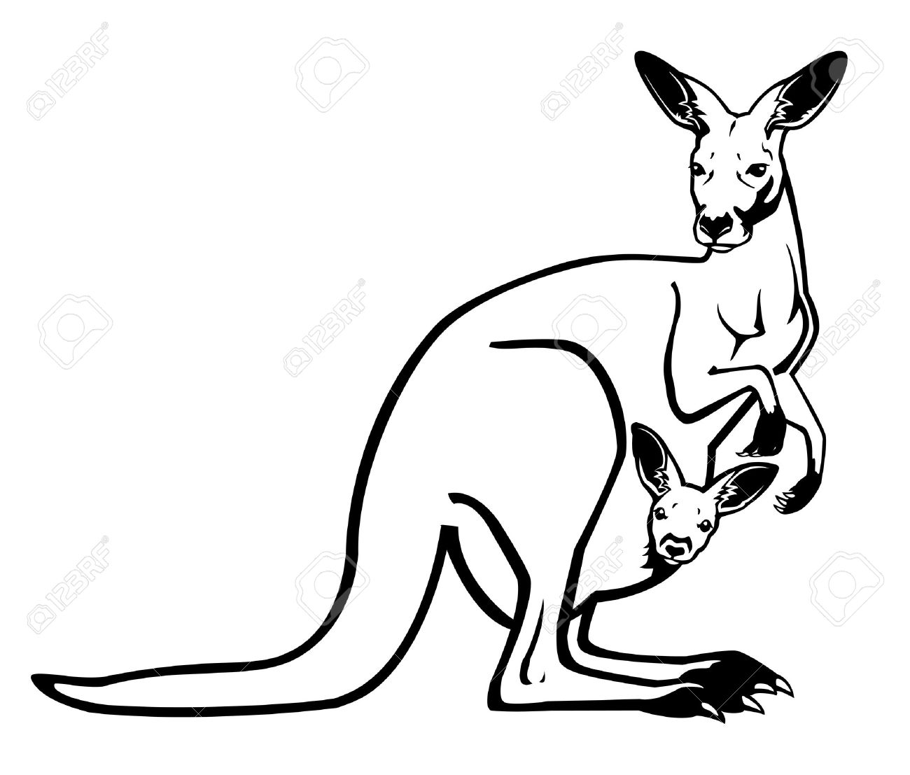 1300x1107 Standing Kangaroo Female With Joey In Pouch Black And White