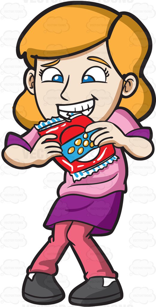 520x1024 A Woman Bite Opens A Bag Of Chips With Her Teeth Cartoon Clipart