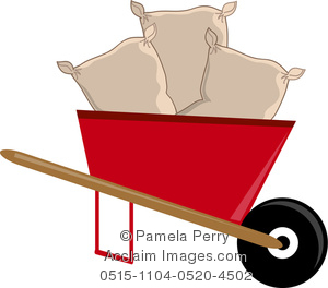 300x264 Clip Art Image Of A Cartoon Wheelbarrow Filled With Bags Of Seed