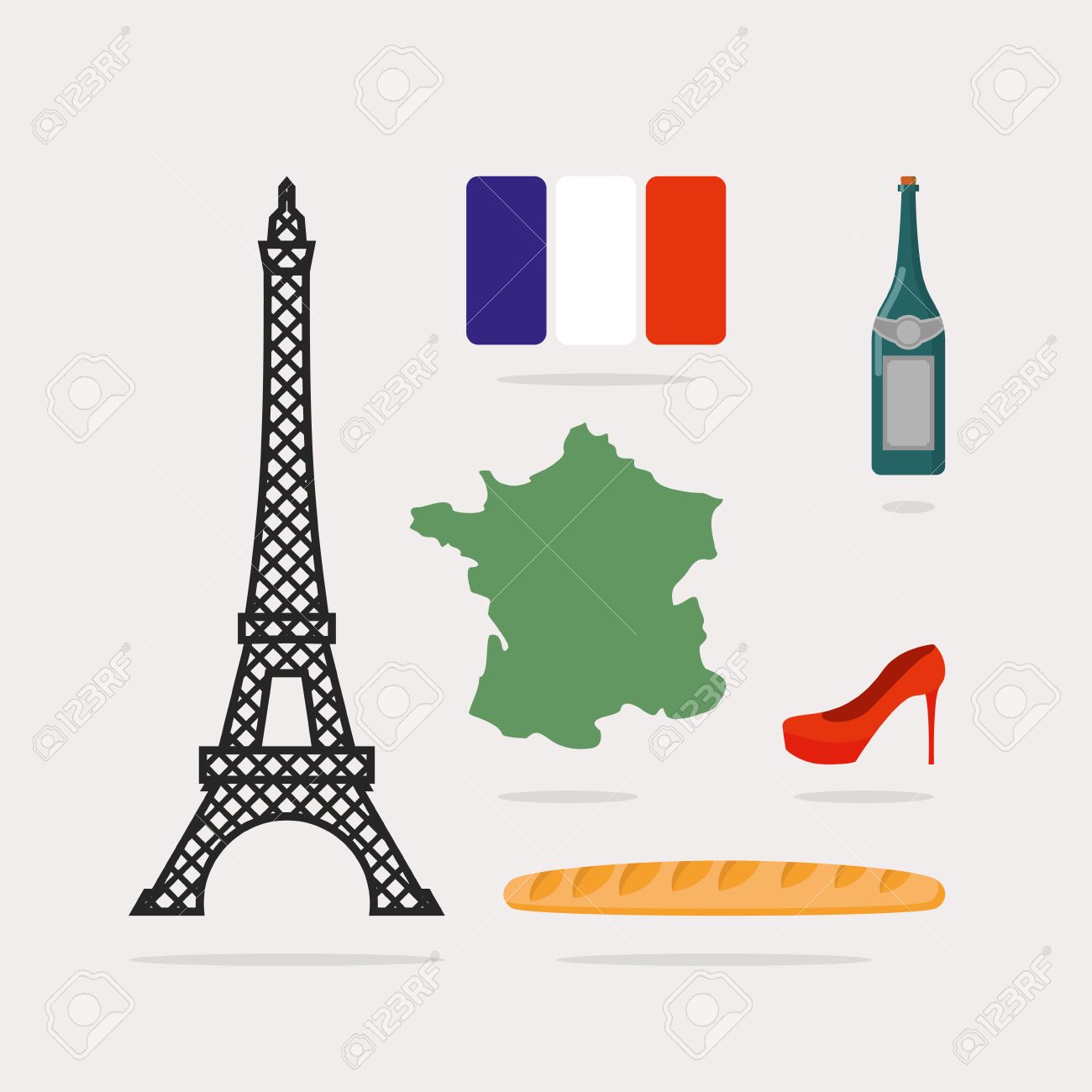 1300x1300 Icons Symbols Of France. Eiffel Tower And Map Country. Baguette