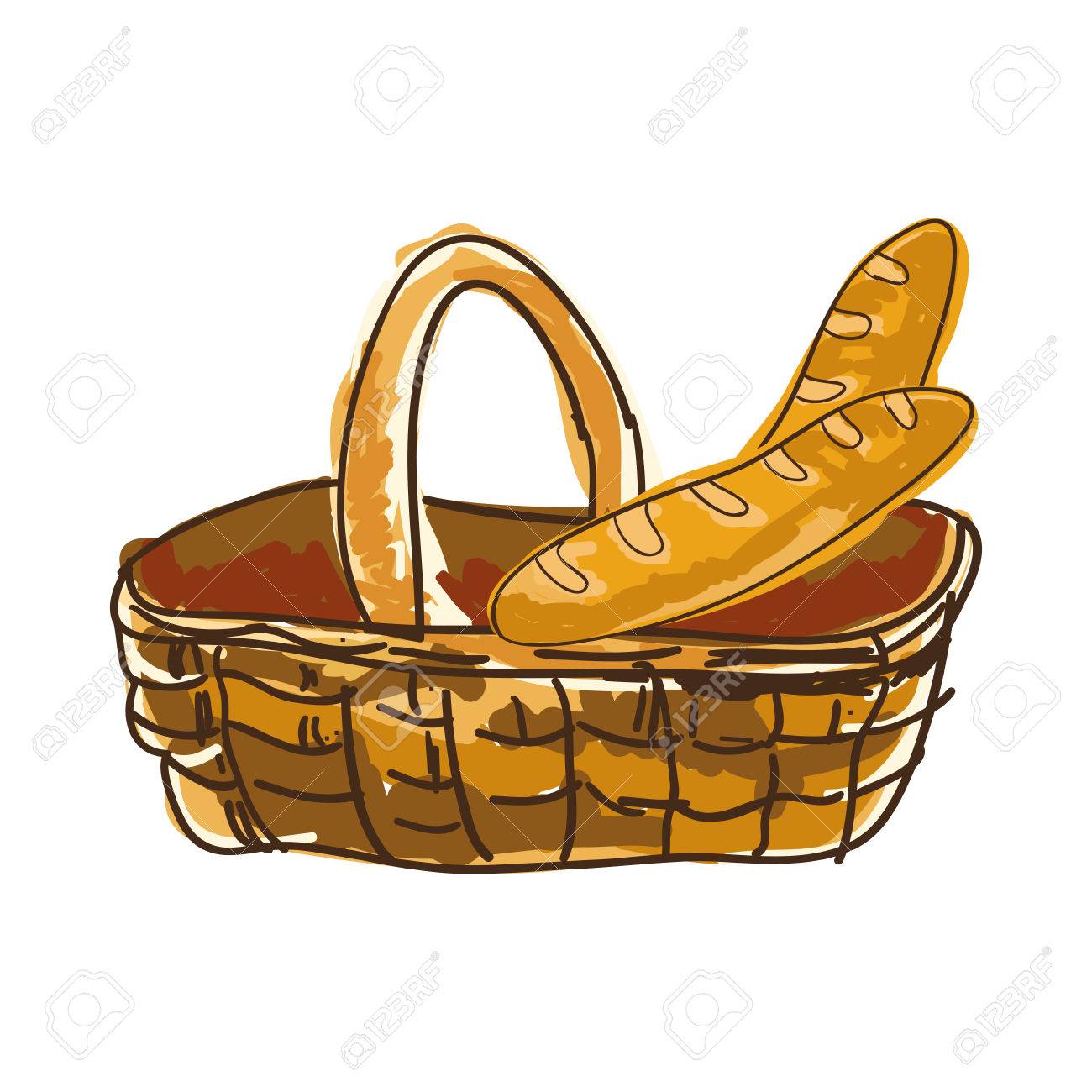 1300x1300 Basket With French Baguette Bread Bakery Food Product. Drawn