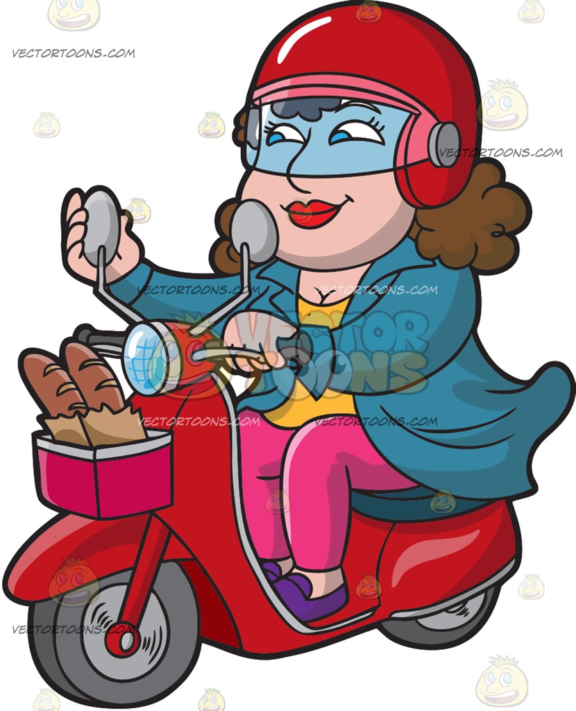 830x1024 A Woman Riding A Scooter From A Bakery Cartoon Clipart