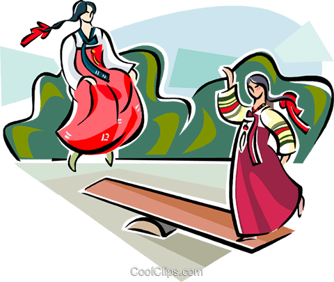 480x405 Korean Girls Playing Balance Game Royalty Free Vector Clip Art