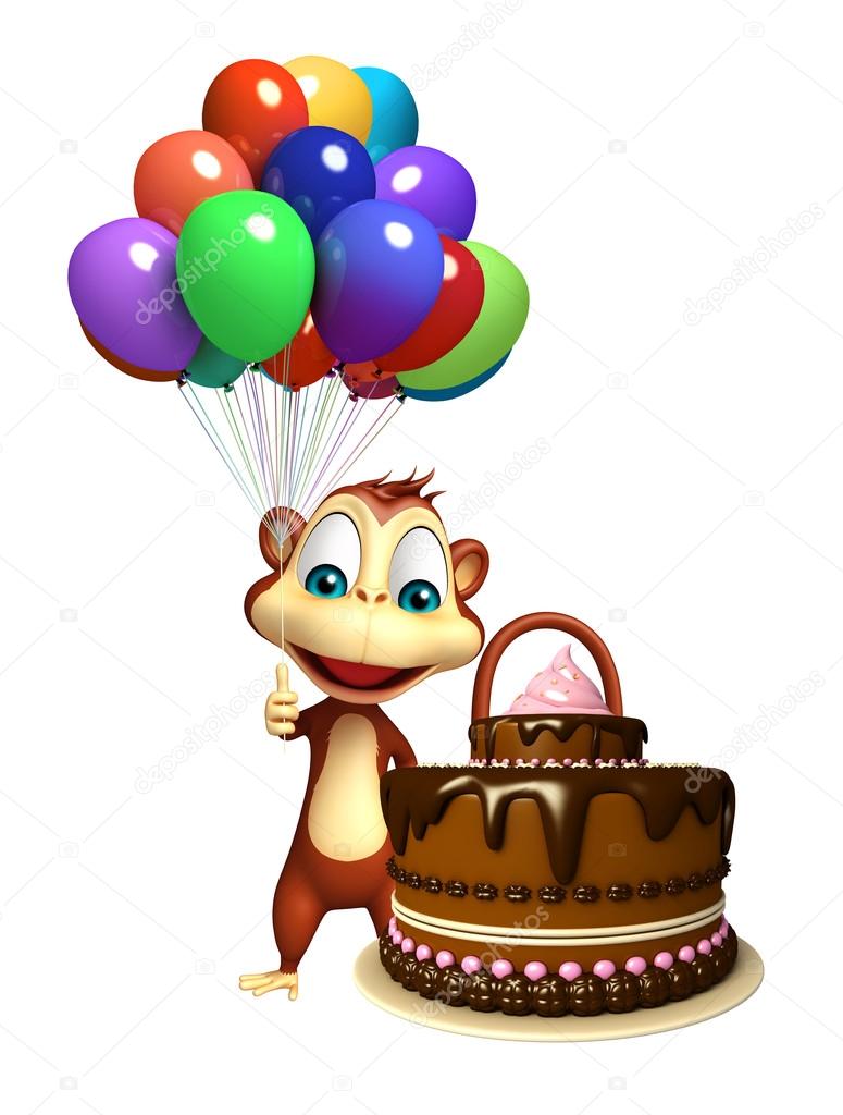 775x1024 Cute Monkey Cartoon Character With Baloon And Cake Stock Photo