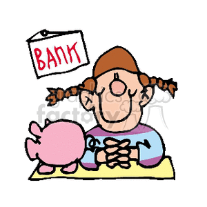 300x300 Royalty Free A Little Girl In Pigtails With A Piggy Bank Playing