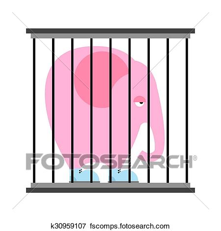 450x470 Clip Art Of Sad Pink Elephant In Cage. Animal In Zoo Behind Bars