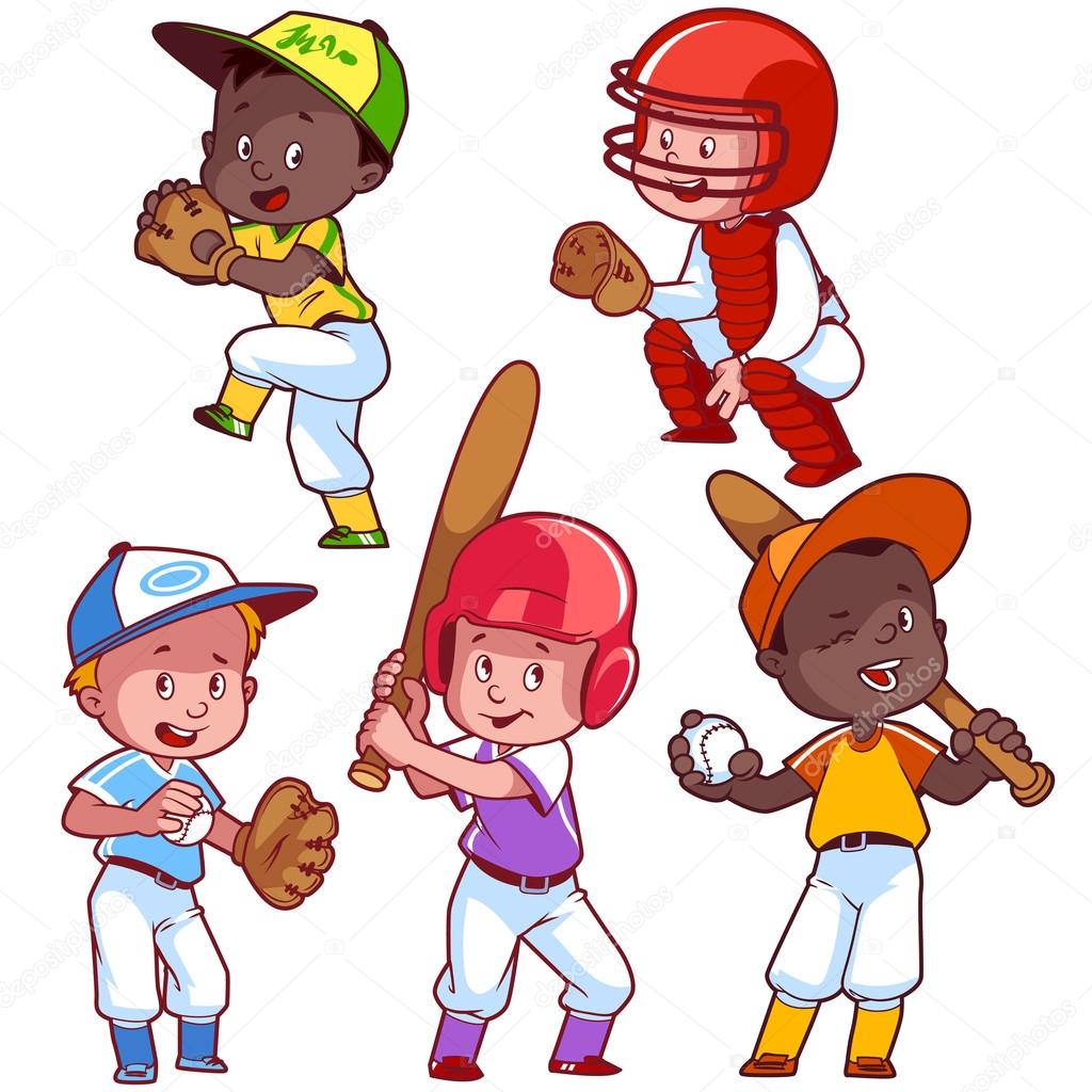 1024x1024 Cartoon Kids Playing Baseball. Vector Cliprt Illustration On