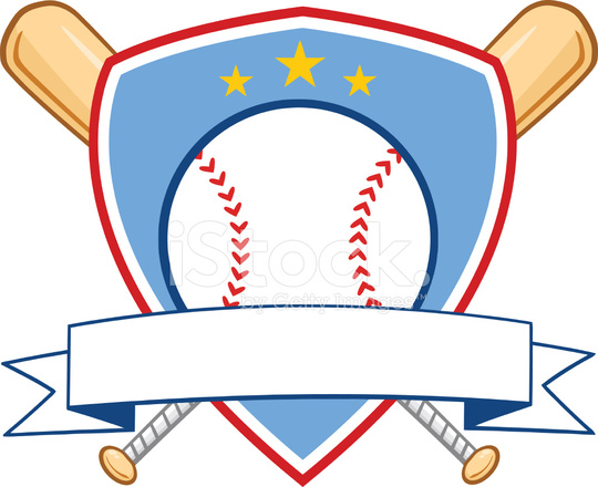 540x440 Crossed Baseball Bats With Ball Logo With Round Blue Banner Stock