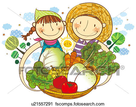 450x353 Clipart Of Boy And Girl Holding The Basket Of Vegetable U21557291