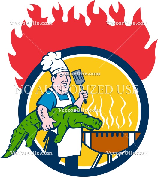 526x590 Chef Alligator Spatula Bbq Grill Fire Circle Cartoon Royalty