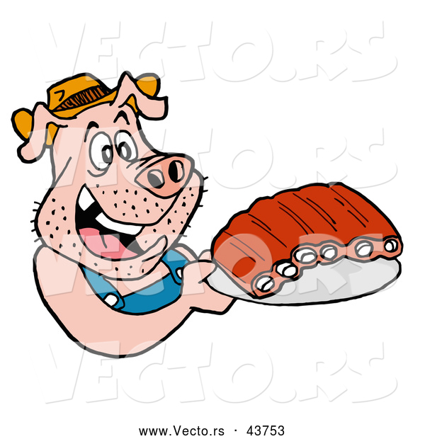 600x620 Vector Of A Happy Cartoon Pig Holding Plate Of Bbq Ribs By