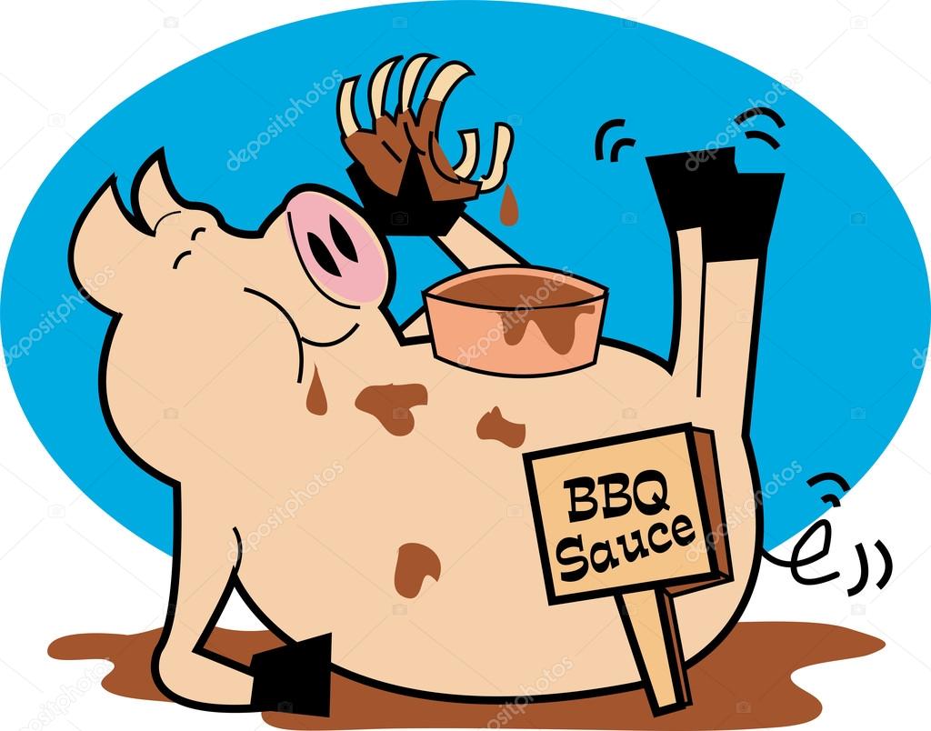 1024x804 Fat, Hugry Pig Chowing Down On Ribs And Bbq Sauce Stock Vector