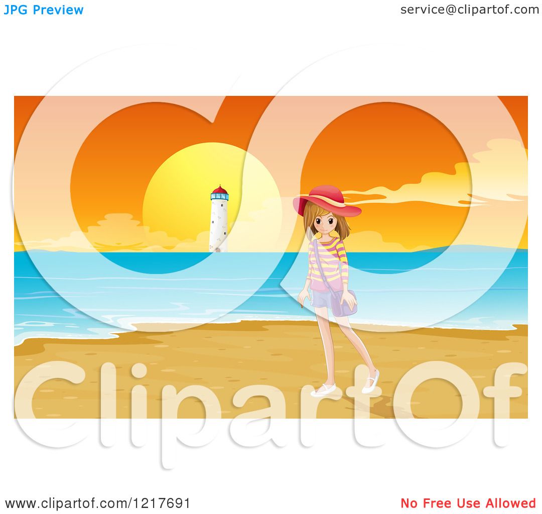 1080x1024 Cartoon Of A Girl Walking On A Beach, With A Lighthouse And Sunset