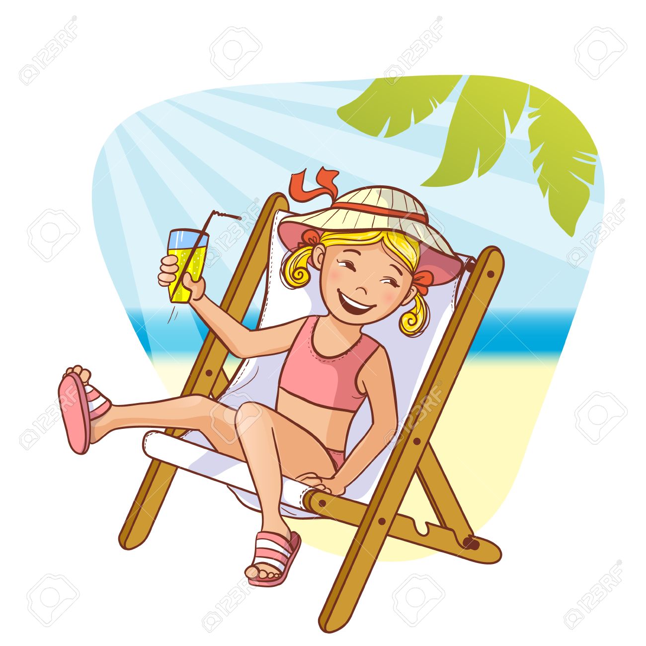 1300x1300 Little Cartoon Girl Sitting In Chaise Longue On The Beach, Eps10