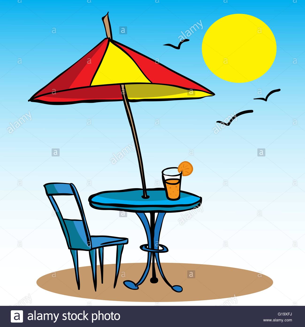 1300x1390 Beach Umbrella, Table, Chair And Juice Cartoon Doodle Stock Vector