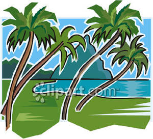 300x273 Beach Scene With Palm Trees And Mountains Royalty Free Clipart Picture