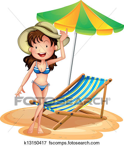 398x470 Clip Art Of A Girl Near A Foldable Beach Bed And Umbrella