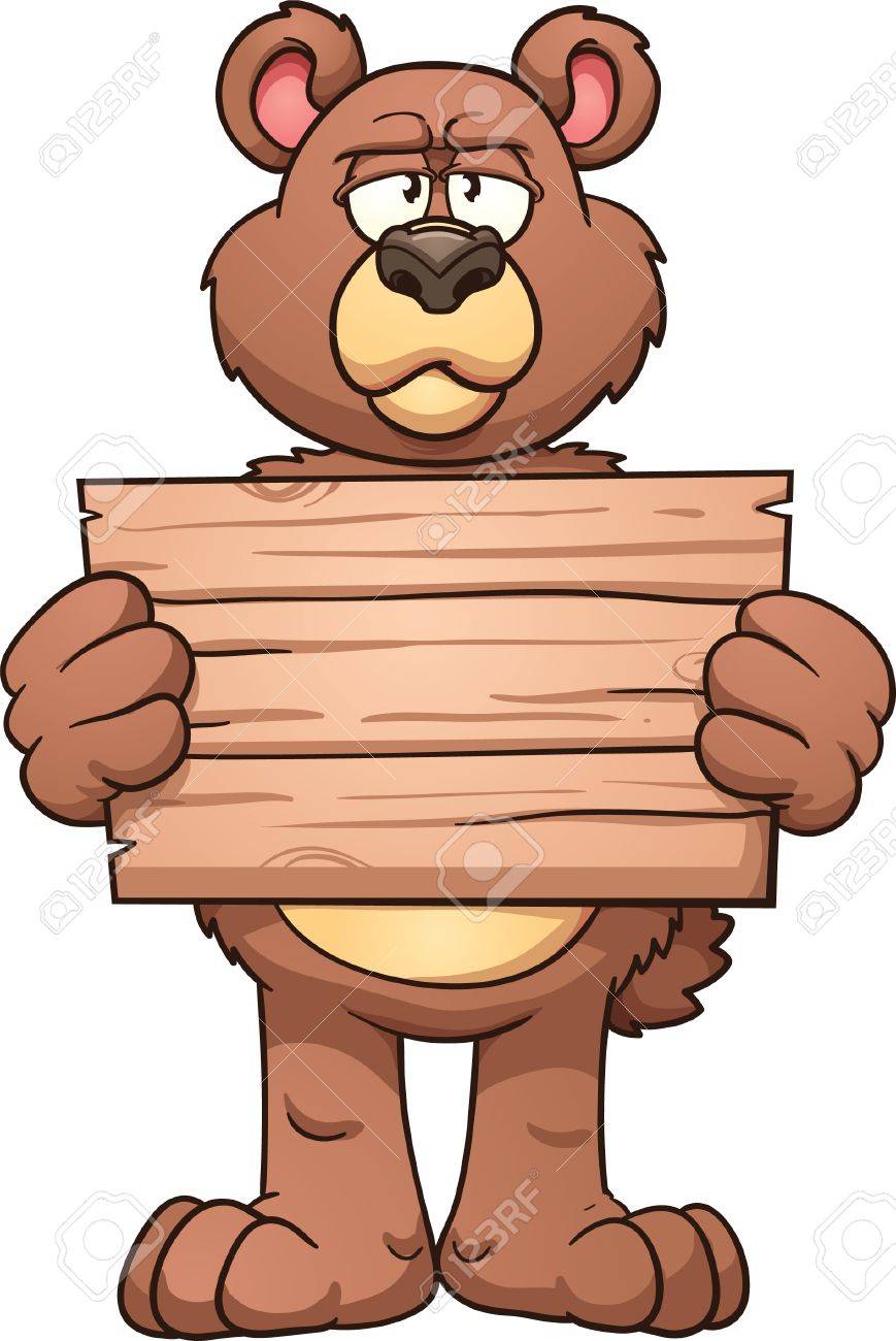 869x1300 Serious Cartoon Bear Holding A Wooden Sign Vector Clip Art