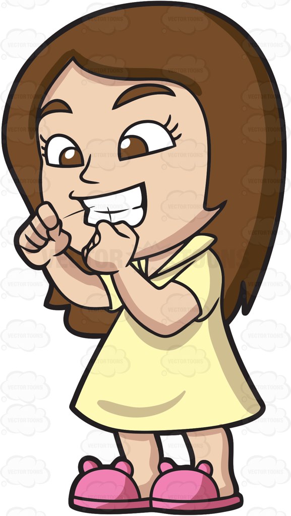 577x1024 A Girl Flossing Her Teeth Before Bedtime Cartoon Clipart