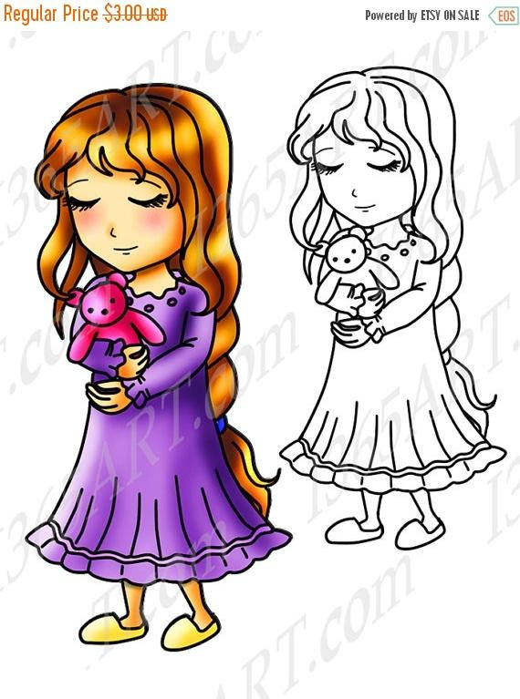 570x767 50% Off Bedtime Girl, Clipart, Digital Stamp, Teddy Bear, Anime