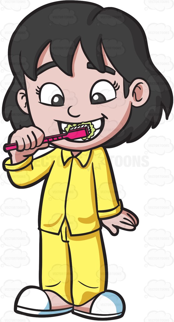556x1024 An Adorable Girl Brushing Her Teeth Before Bedtime Cartoon Clipart