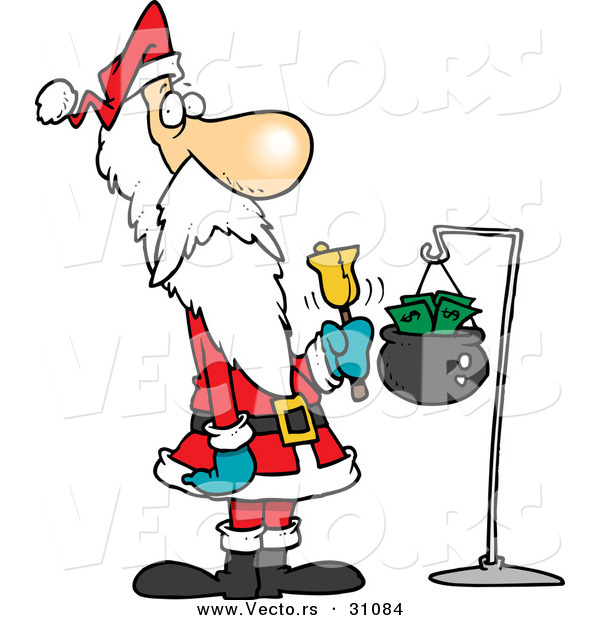 600x620 Cartoon Vector Of A Cold, Skinny Santa Ringing Gold Bell