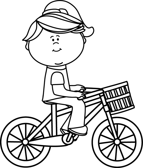 600x707 Black Amp White Girl Riding A Bicycle With A Basket Clip Art