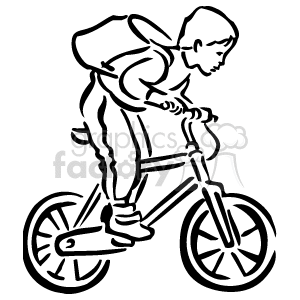 300x300 Royalty Free Black And White Boy Riding His Bike With A Backpack