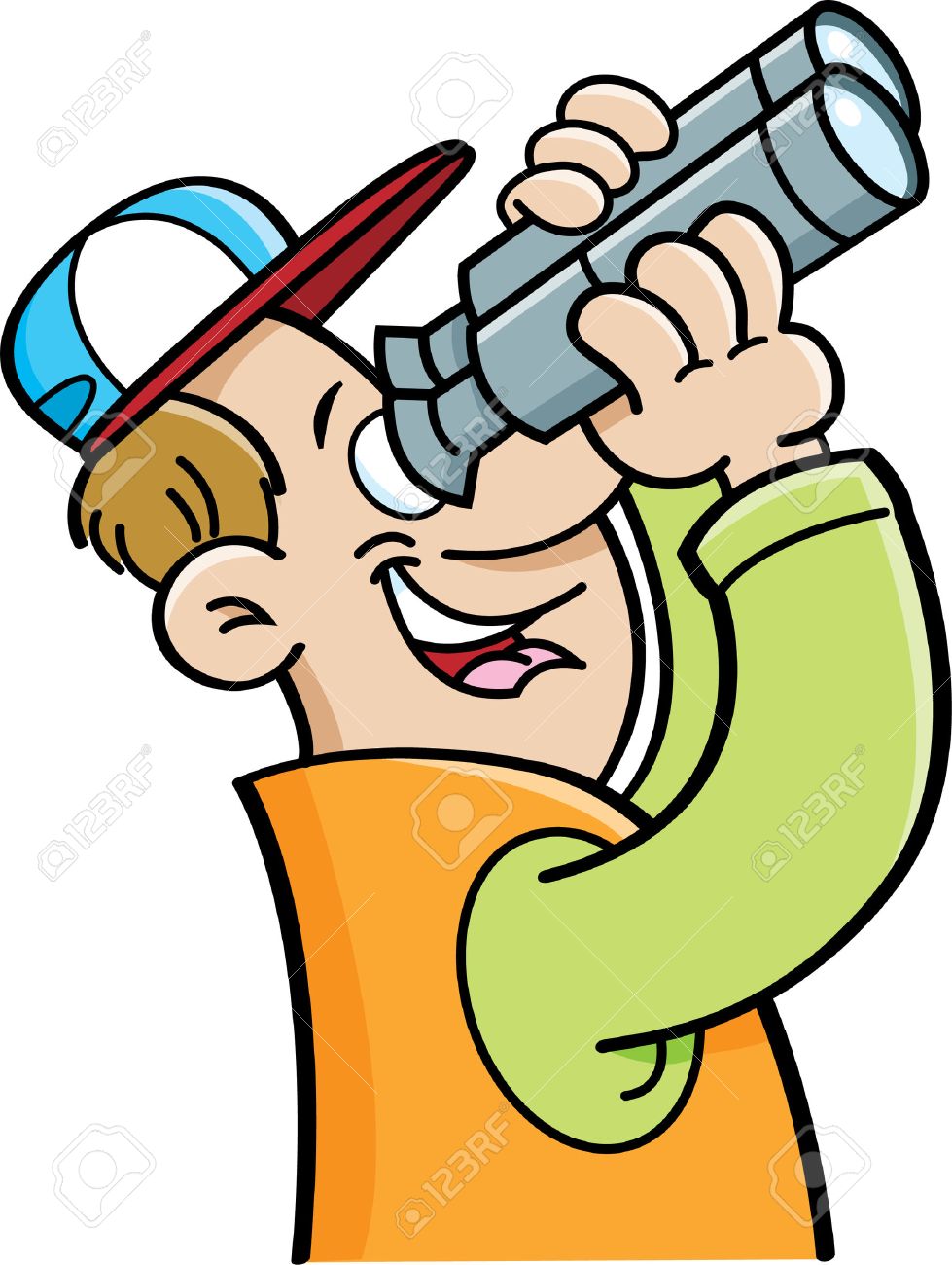 979x1300 Cartoon Illustration Of A Man Looking Through Binoculars. Royalty