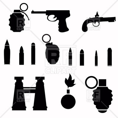 400x400 Silhouettes Of Weapon Handgun, Bullets And Binoculars