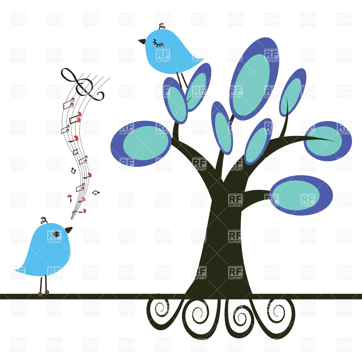 1200x1200 Singing Bird And Blue Bird On Tree Royalty Free Vector Clip Art